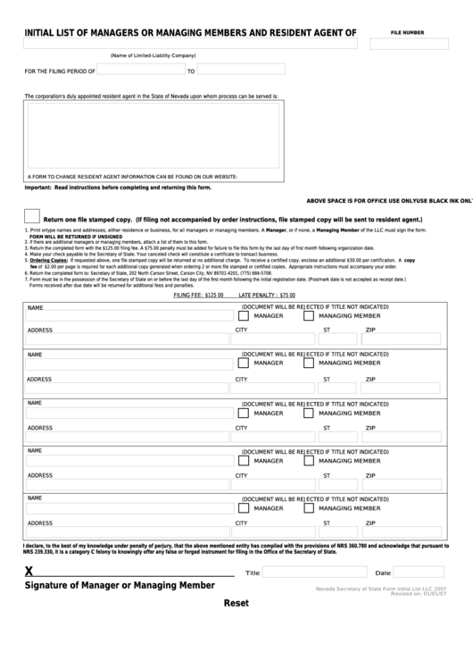 Fillable Form Llc - Initial List Of Managers Or Managing Members And Resident Agent Printable pdf