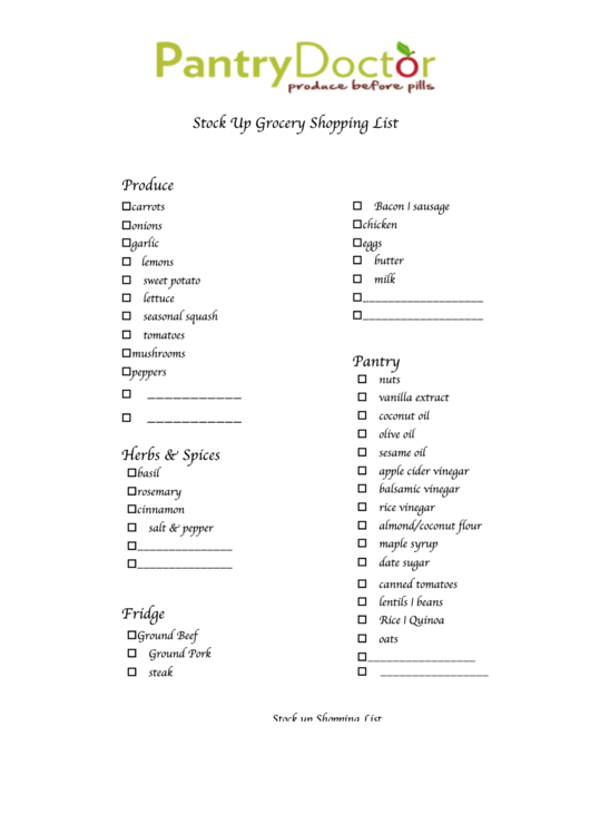 Stock Up Grocery Shopping List Printable pdf
