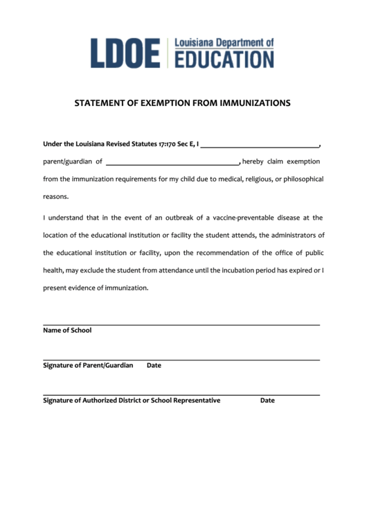 Statement Of Exemption From Immunizations Printable pdf