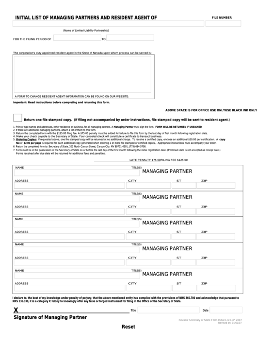 Fillable Form Llp - Initial List Of Managing Partners And Resident Agent Printable pdf