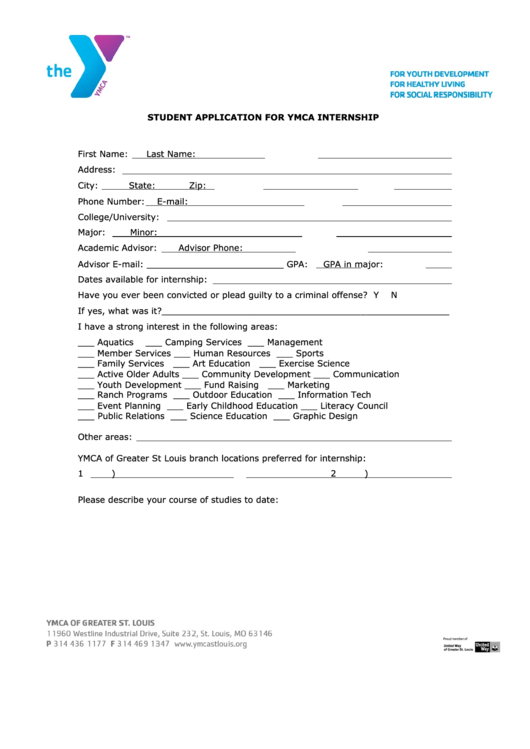 Student Application For Ymca Internship Printable pdf