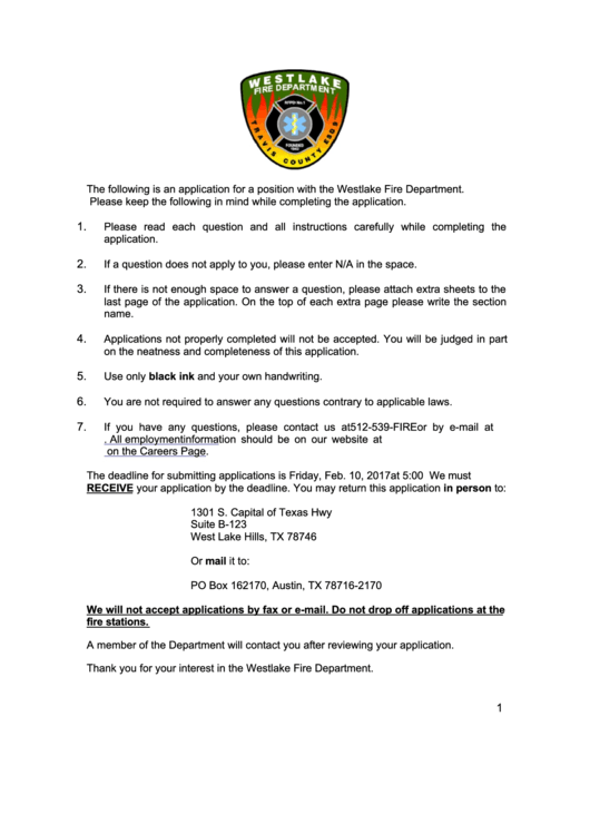 Fire Department Application Form - 2017 Printable pdf
