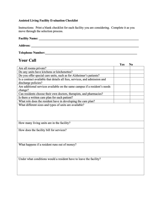Assisted Living Facility Evaluation Checklist Template Printable pdf