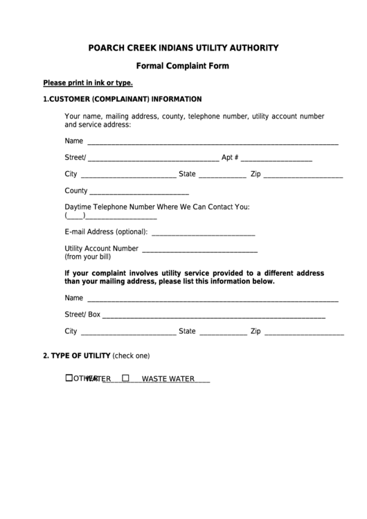 Poarch Creek Indians Utility Authority Formal Complaint Form Printable pdf