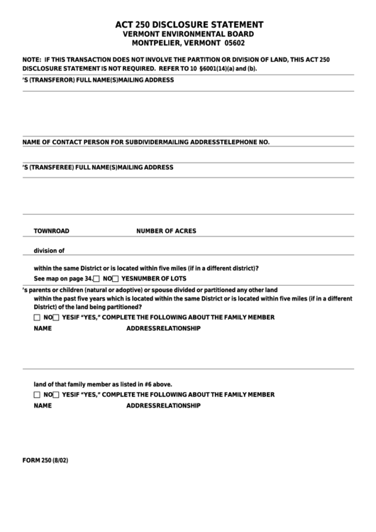 Fillable Form 250 - Act 250 Disclosure Statement - Vermont Environmental Board Printable pdf