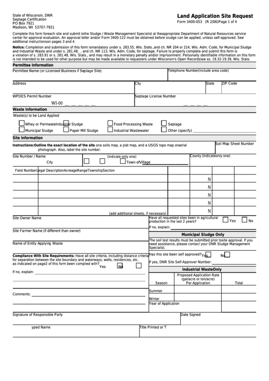 Form 3400-053 - Land Application Site Request - Dnr Septage Certification Printable pdf