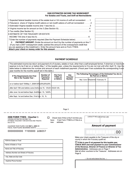 Form 770es - Estimated Income Tax Worksheet For Estates And Trusts, And Unified Nonresidents - State Of Virginia - 2008 Printable pdf