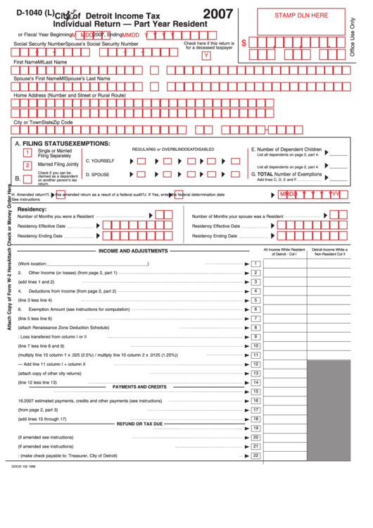 Form D-1040 (L) -City Of Detroit Income Tax Individual Return Part Year Resident - 2007 Printable pdf