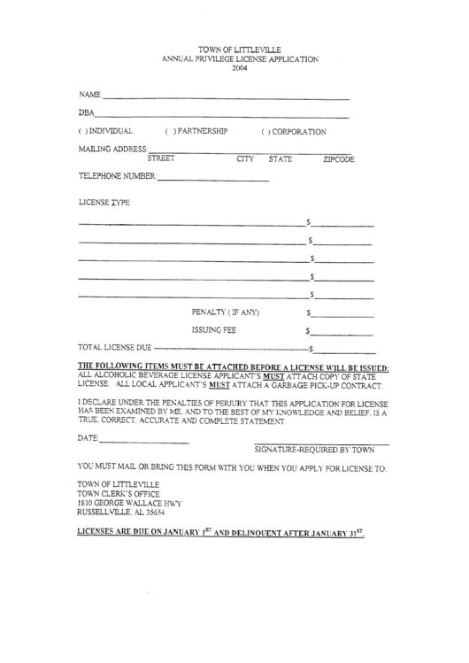 Annual Privilege License Application - Town Of Littleville - 2004 Printable pdf