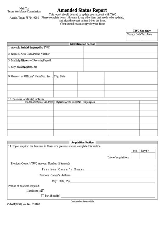 Form C-1am - Amended Status Report - Texas Workforce Commission Printable pdf