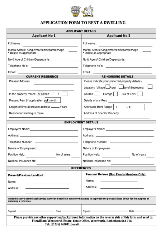 Application Form To Rent A Dwelling Printable pdf