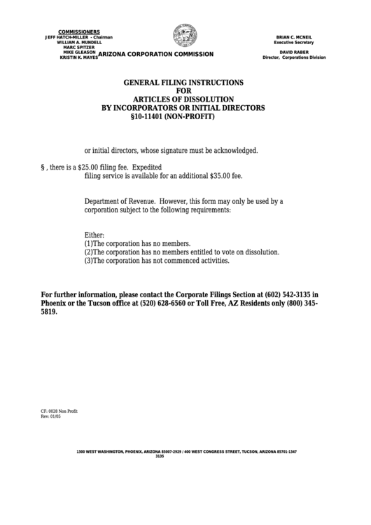 Form Cf:0028 - Articles Of Dissolution By Incorporators Or Initial Directors - Arizona Secretary Of State - 2005 Printable pdf