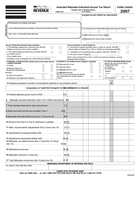 Form 1040xn - Amended Nebraska Individual Income Tax Return - 2007 Printable pdf