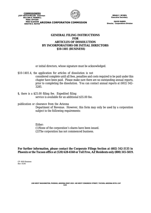 Form Cf:0029 - Articles Of Dissolution By Incorporators Or Initial Directors - 2005 Printable pdf