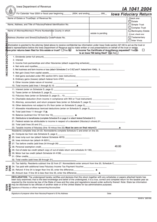 Form Ia 1041 - Iowa Fiduciary Return - 2004 Printable pdf