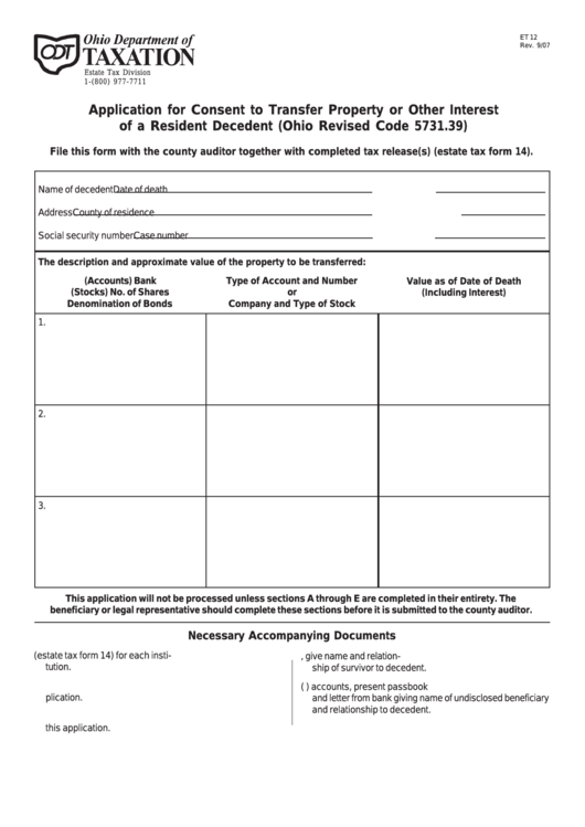 Fillable Form Et 12 And Et 14 - Application For Consent To Transfer Property Or Other Interest Of A Resident Decedent - Ohio Department Of Taxation Printable pdf