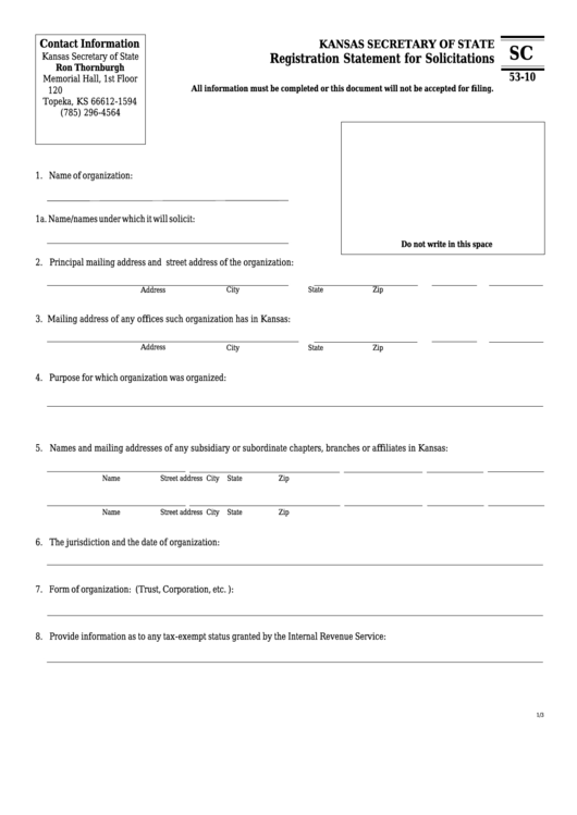 Form Sc 53-10 - Registration Statement For Solicitations Printable pdf