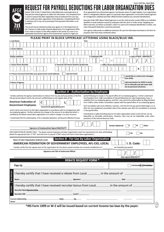 Request For Payroll Deductions For Labor Organization Dues - American Federation Of Government Employees Printable pdf