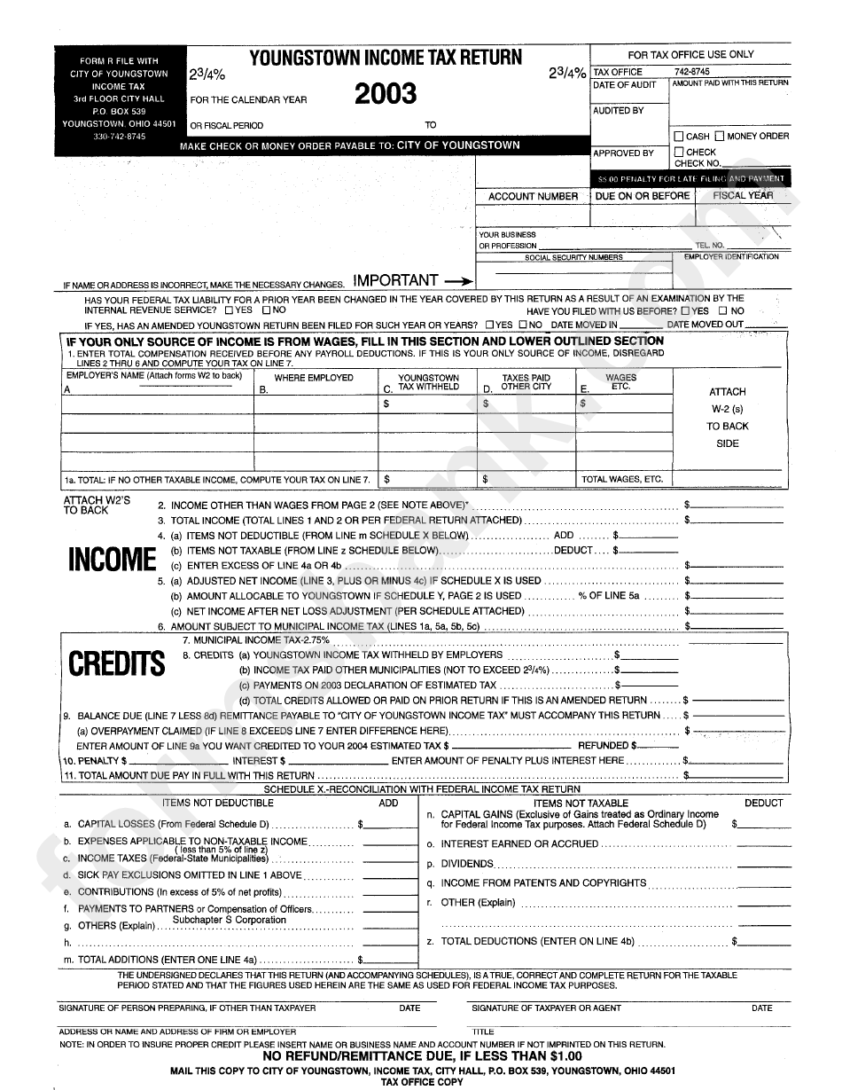 Youngstown Income Tax Return - State Of Ohio - 2003