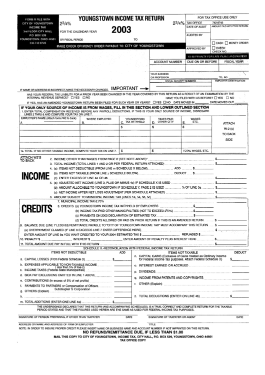 Youngstown Income Tax Return - State Of Ohio - 2003 Printable pdf
