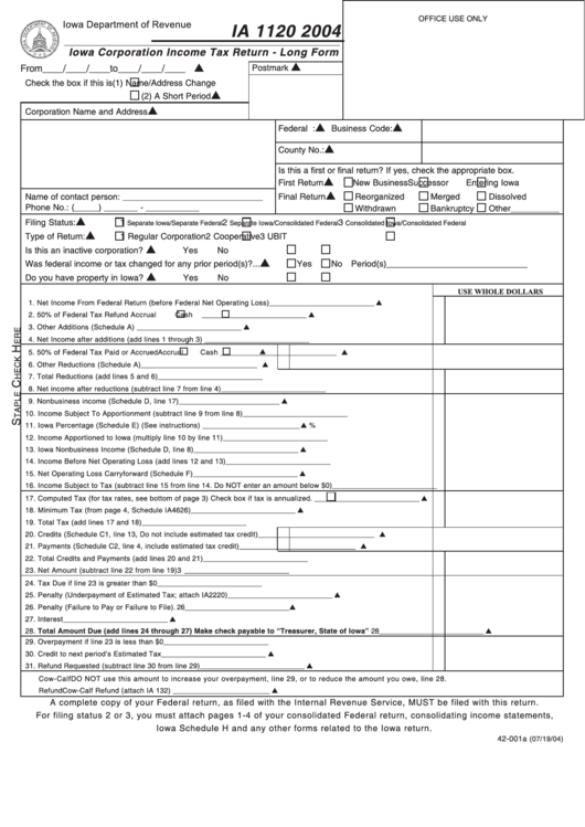 Form Ia 1120 - Iowa Corporation Income Tax Return - Long Form - 2004 ...