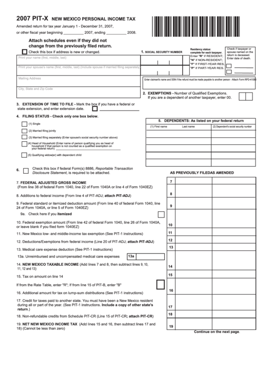 Form Pit-X - New Mexico Personal Income Tax - 2007 Printable pdf