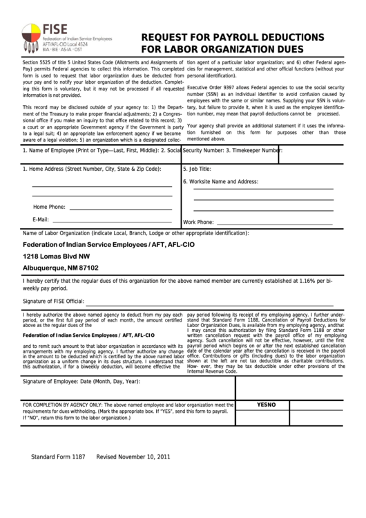Standard Form 1187 - Request For Payroll Deductions For Labor Organization Dues - Federation Of Indian Service Employees Printable pdf