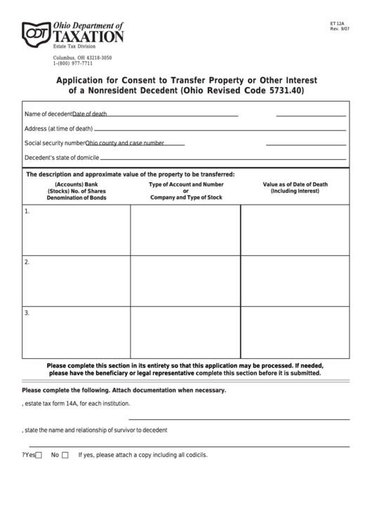 Fillable Form Et 12a & 14a - Application For Consent To Transfer Property Or Other Interest Of A Nonresident Decedent Printable pdf