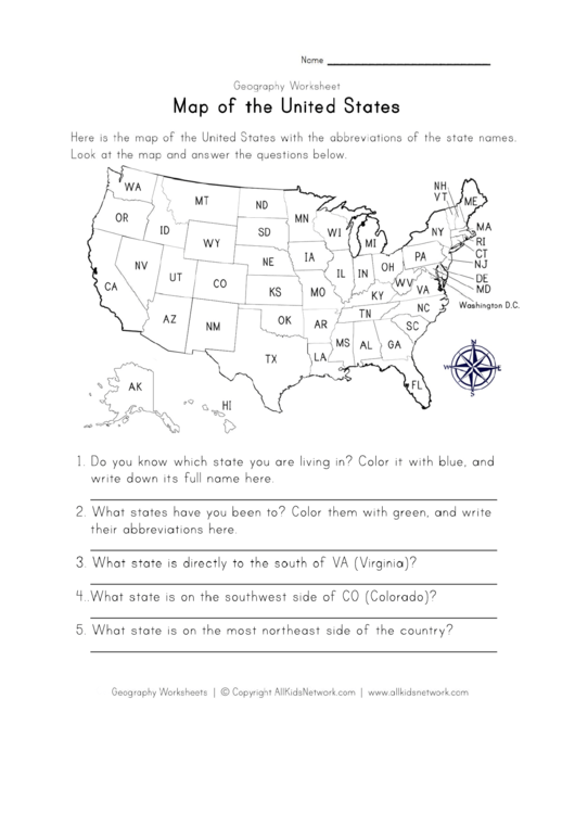 Map Of The Us Geography Worksheet Printable pdf