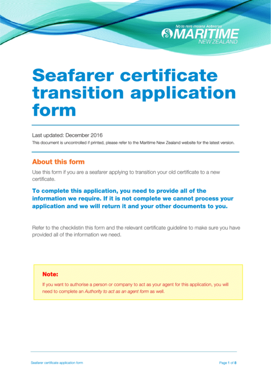 Fillable Seafarer Certificate Transition Application Form Printable pdf
