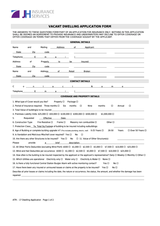 Vacant Dwelling Application Form Printable pdf