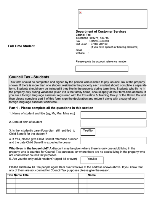 Council Tax Form - Students Printable pdf
