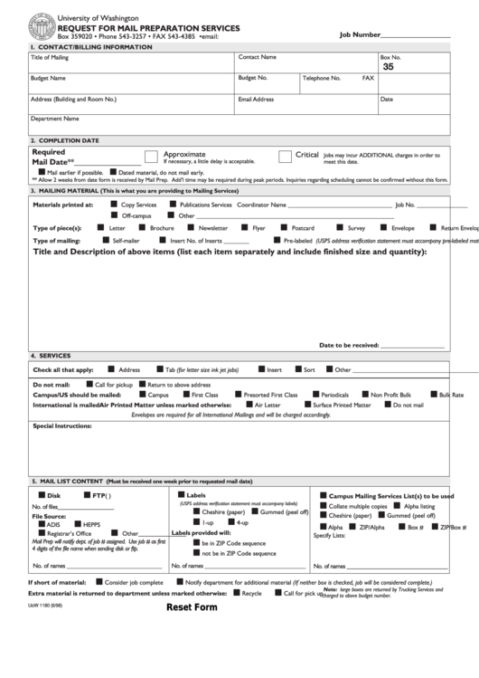 Fillable Form Uow 1180 - Request For Mail Preparation Services - University Of Washington Printable pdf
