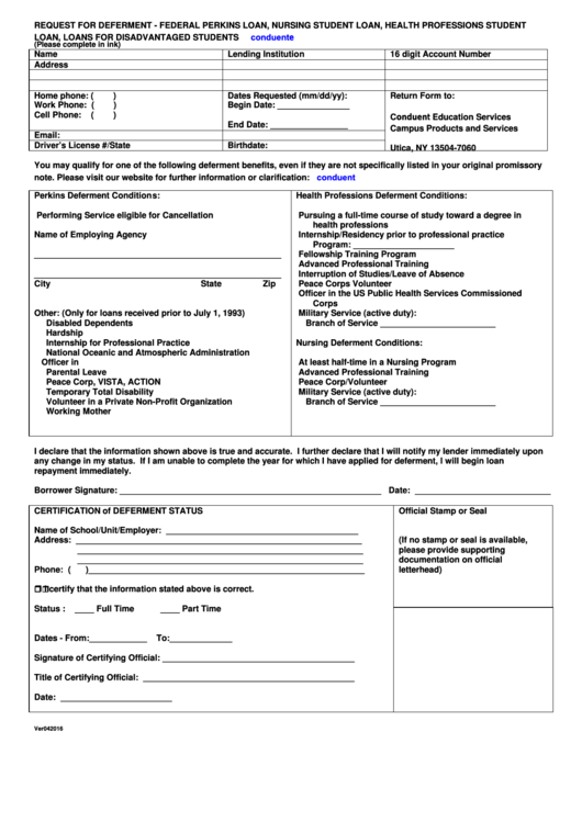 Request For Deferment Form - Request For Deferment Form - Federal Perkins Loan - 2016 Printable pdf