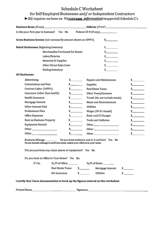 Printable Schedule C Worksheet