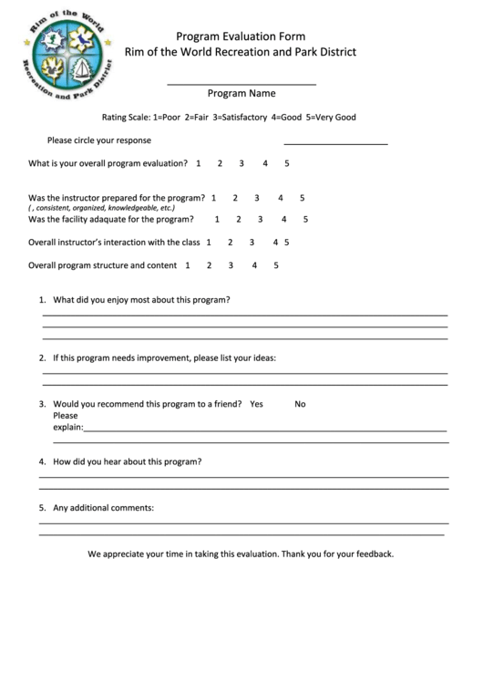 Program Evaluation Form - Rim Of The World Recreation And Park District Printable pdf