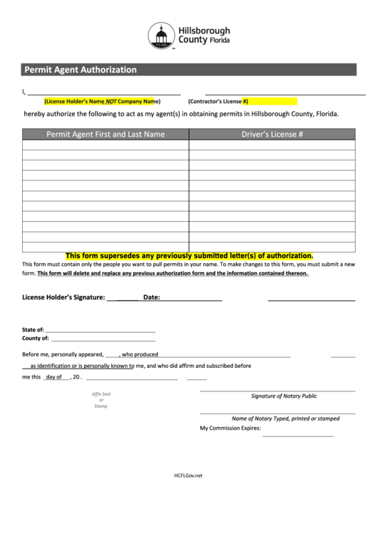 Permit Agent Authorization Form Printable pdf