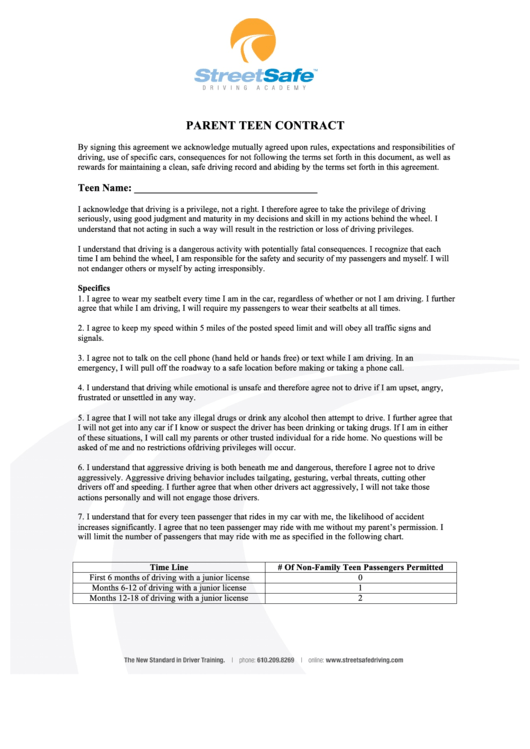 Parent Teen Contract Form Printable pdf