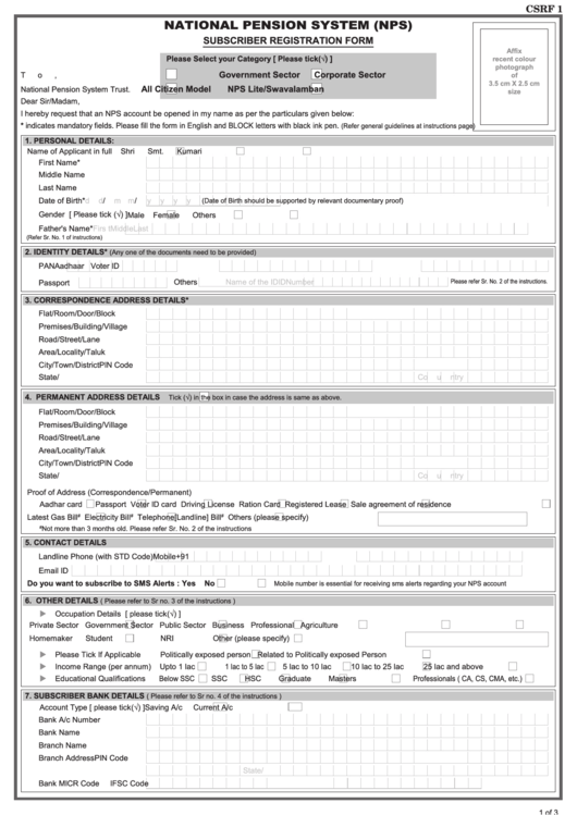 Form Csrf 1 - Subscriber Registration Form - National Pension System (Nps) Printable pdf