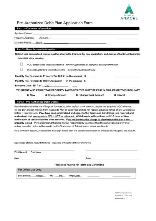 Fillable Pre-Authorized Debit Plan Application Form Printable pdf