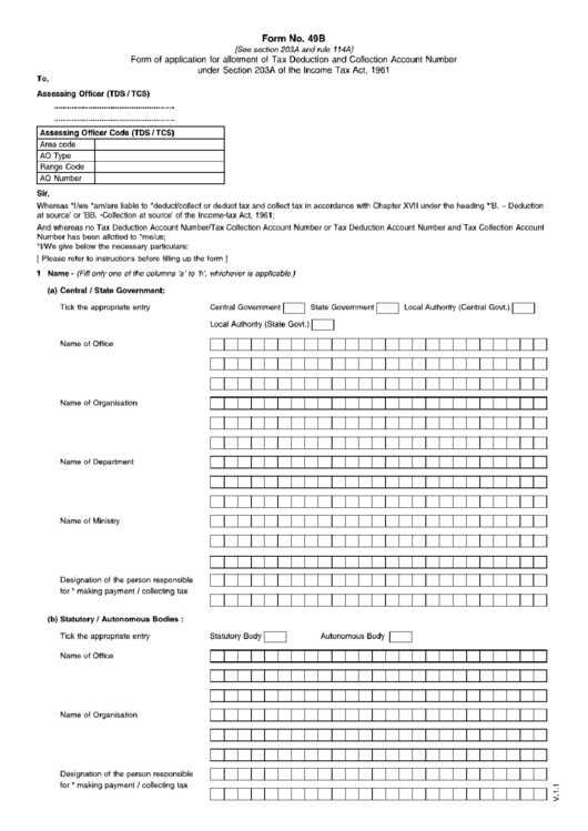 Form 49b - Form Of Application For Allotment Of Tax Deduction And Collection Account Number Printable pdf