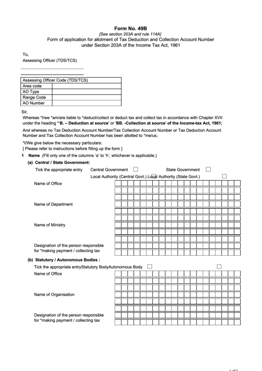 Form 49b - Form Of Application For Allotment Of Tax Deduction And Collection Account Number Under Section 203a Of The Income Tax Act, 1961 Printable pdf