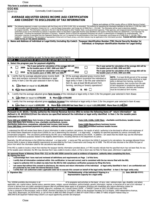 Fillable Form Ccc-931 - Average Adjusted Gross Income (Agi ...