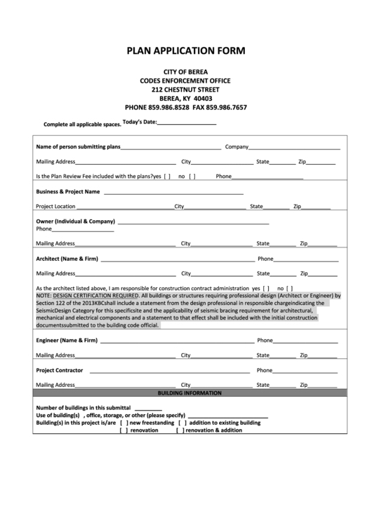 Fillable Plan Application Form - City Of Berea Codes Enforcement Office Printable pdf