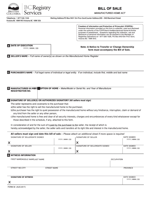 Fillable Form 30 - Bill Of Sale Printable pdf