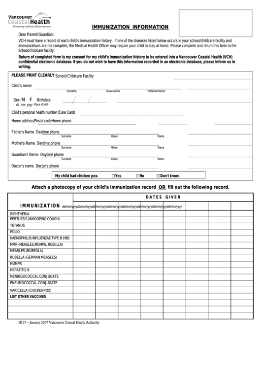 Fillable Form H137 - Immunization Information Printable pdf