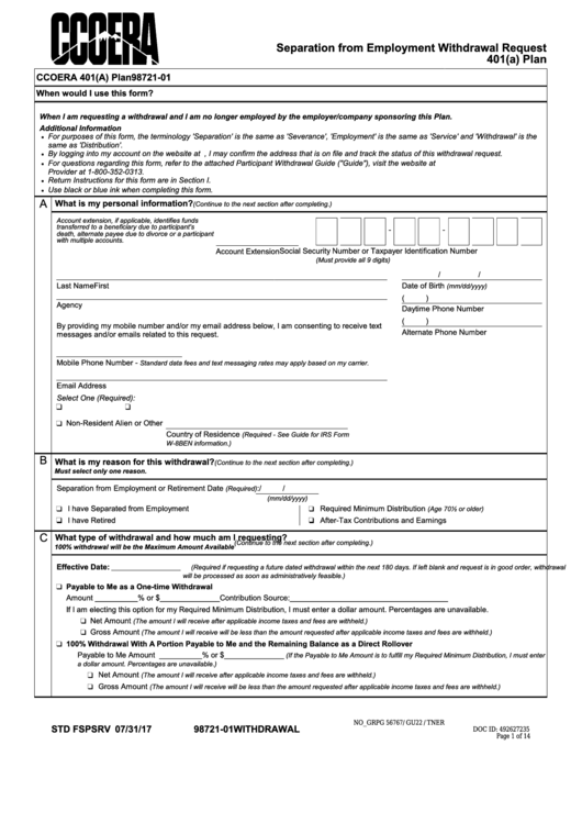 Form Std Fspsrv - Separation From Employment Withdrawal Request 401(A) Plan Printable pdf
