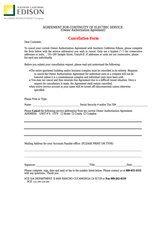 Fillable Agreement For Continuity Of Electric Service Cancellation Form Printable pdf