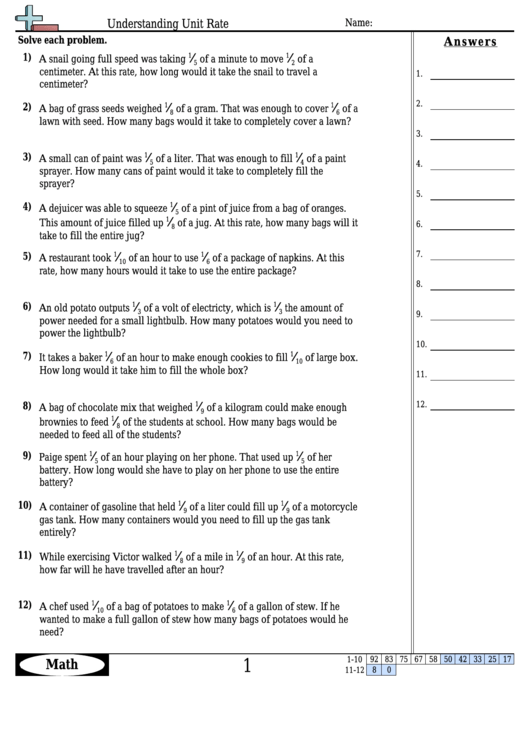 Understanding Unit Rate Worksheet Template With Answer Key
