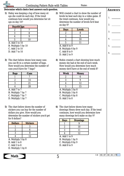 Continuing Pattern Rule With Tables Worksheet Template With Answer Key Printable pdf